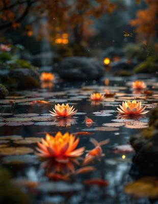 The primary subject of the image is a pond filled with water and surrounded by rocks. The pond is home to a variety of flowers, including red and orange ones, floating on the surface. The setting is a serene and natural environment, with the water and rocks creating a peaceful atmosphere. The visual style of the image is a combination of photo and digital art, as it captures the beauty of the flowers and the pond in a realistic yet artistic manner. The colors and mood of the image are vibrant